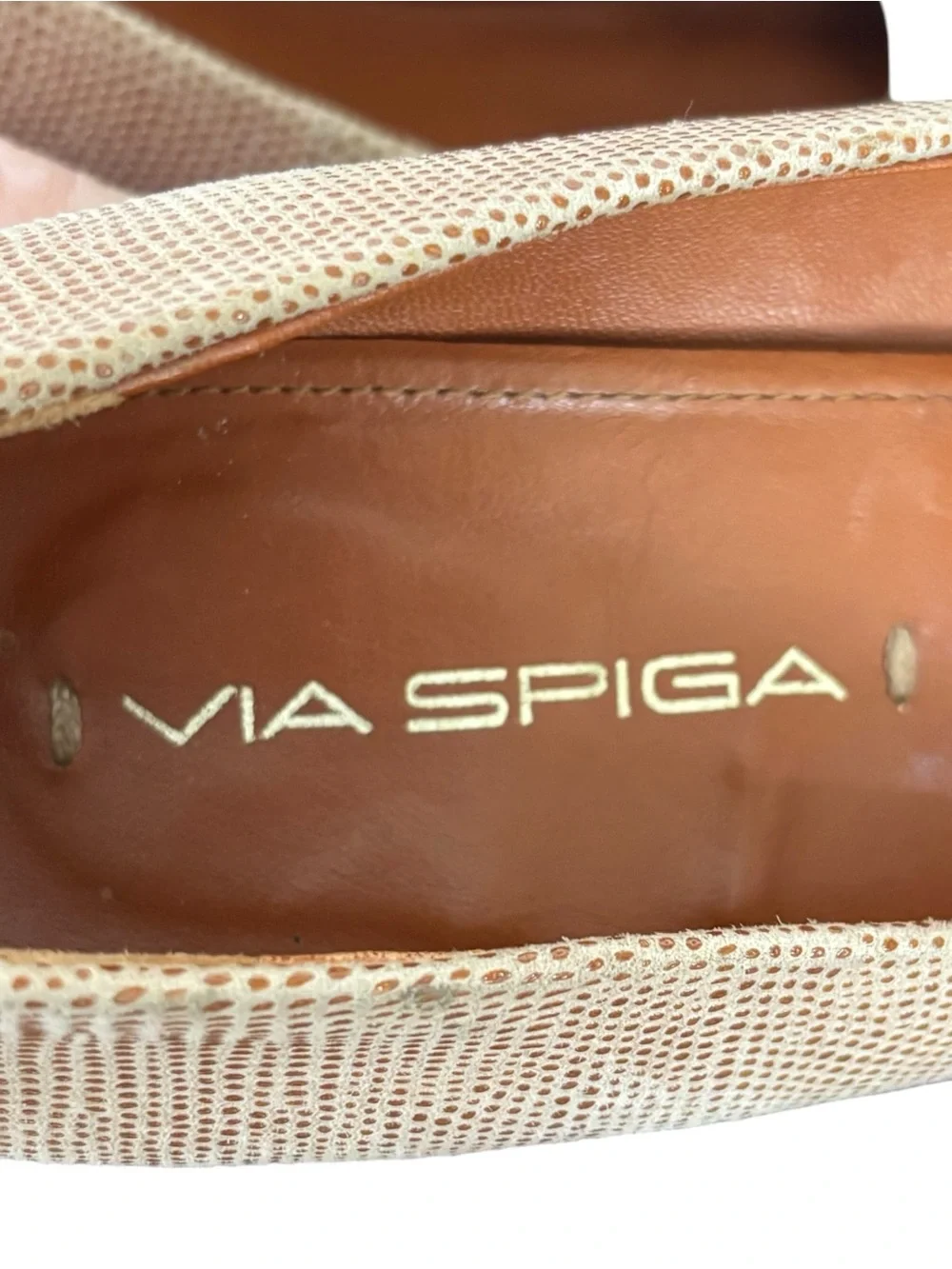 Via Spiga Faina Wedge Pump Beige Lizard Embossed Leather Buckle Heel 8.5